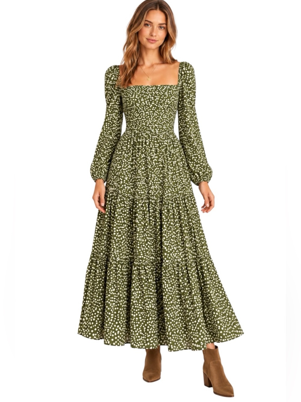 REFORMATION Kellie Maxi Tiered Dress Green Moiret Polka Dots Size 2